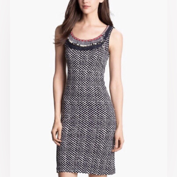 Tory Burch Teagan Embellished Silk Tank Dress Navy Blue White Red Beads Large - Picture 1 of 11